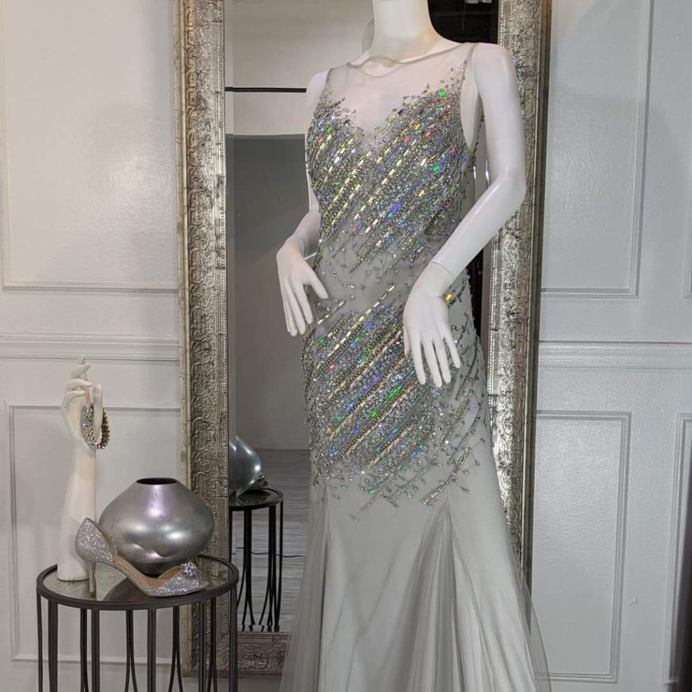 Silver Sequins Formal Evening Prom Dress Gown